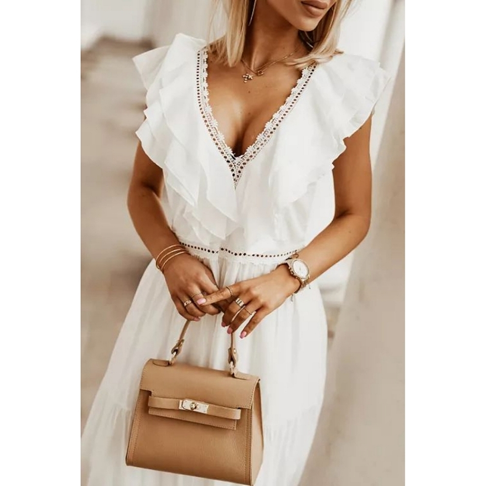 Plus Size White Ruffle V Neck Maxi Dress - Picture 5 of 6